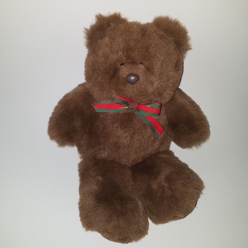 VTG Unipak Brown Teddy Bear Plush 14" Stuffed Animal Toy 1990 Red Green Bow